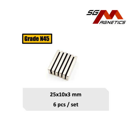 25x10x3mm N45 - Neodymium Block Magnets - 6pcs