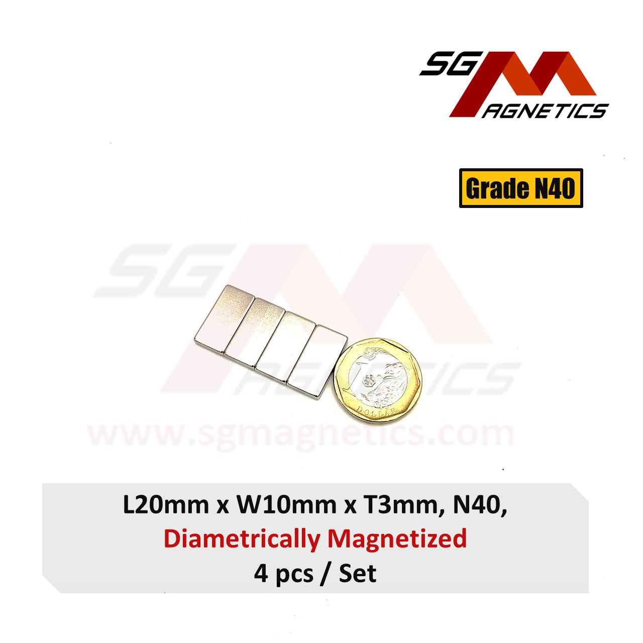 20x10x3mm N40 Diametrically Magnetized - Neodymium Block - 4pcs