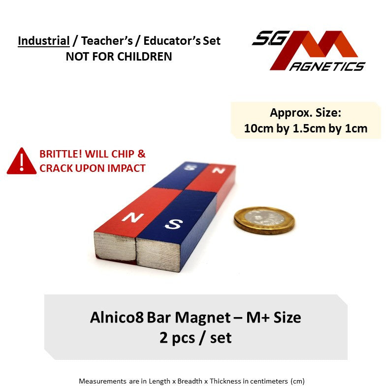 AlNiCo8 Bar Magnet - M+ Size - 100x15x10mm - 1 pair