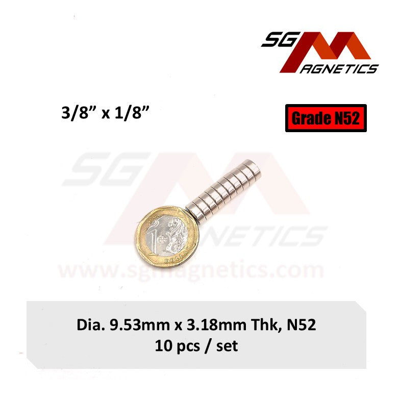 3/8" x 1/8", 9.53x3.18mm N52 - Neodymium Disc Magnets - 10pcs