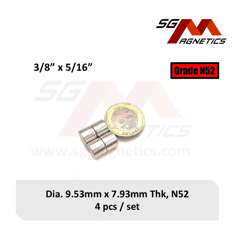 3/8" x 5/16", 9.53x7.93mm N52 - Neodymium Disc Magnets - 4pcs