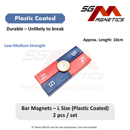 Bar Magnets - L Size - 10cm - Plastic Coated Block Magnets - 2pcs