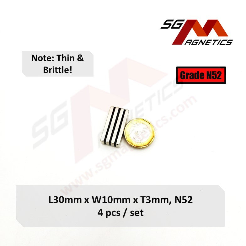 30x10x3mm N52 - Neodymium Block Magnets - 4pcs