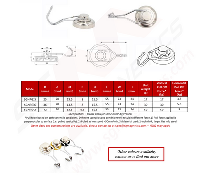 25mm Gold Trim 360° Swivel Hook Pot SGNPG25 - Neodymium Magnet - 1pc