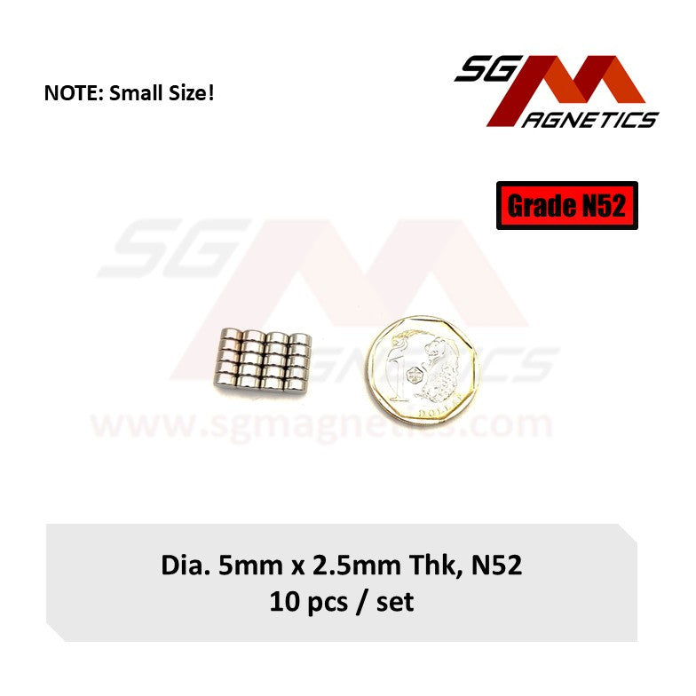 5x2.5mm N52 - Neodymium Disc Magnets - 20pcs