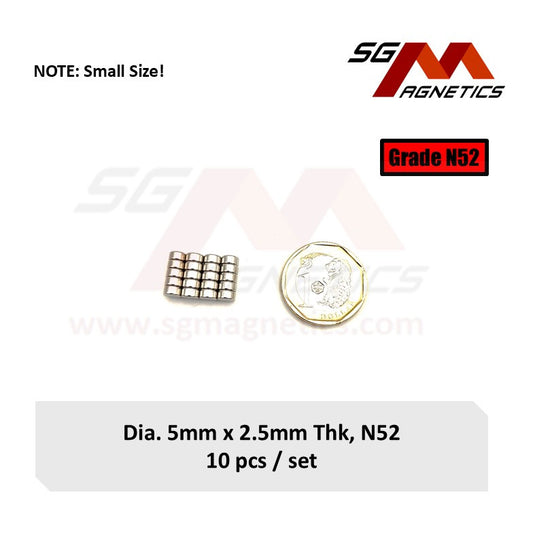 5x2.5mm N52 - Neodymium Disc Magnets - 20pcs