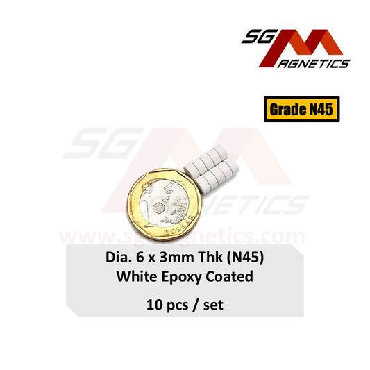 6x3mm N45 - White Epoxy Neodymium Disc Magnets - 10pcs
