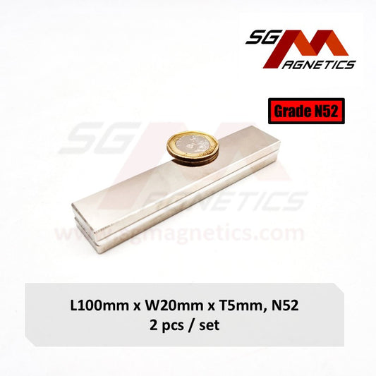 100x20x5mm N52 - Neodymium Block Magnets - 2pcs